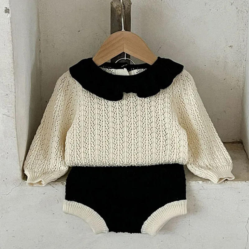 Description Picture 4 of item2024 New Autumn Korean Style Toddler Baby Girl Clothes Suit Long Sleeved Knitted Pullover+Shorts Newborn Baby Girls Clothing Set