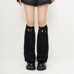 Gothic Punk Leg Warmer For Women Solid Black Ripped Fabric Broken Dance Socks Eyelet Ribbon Slim Foot Streetwear Spring 2024