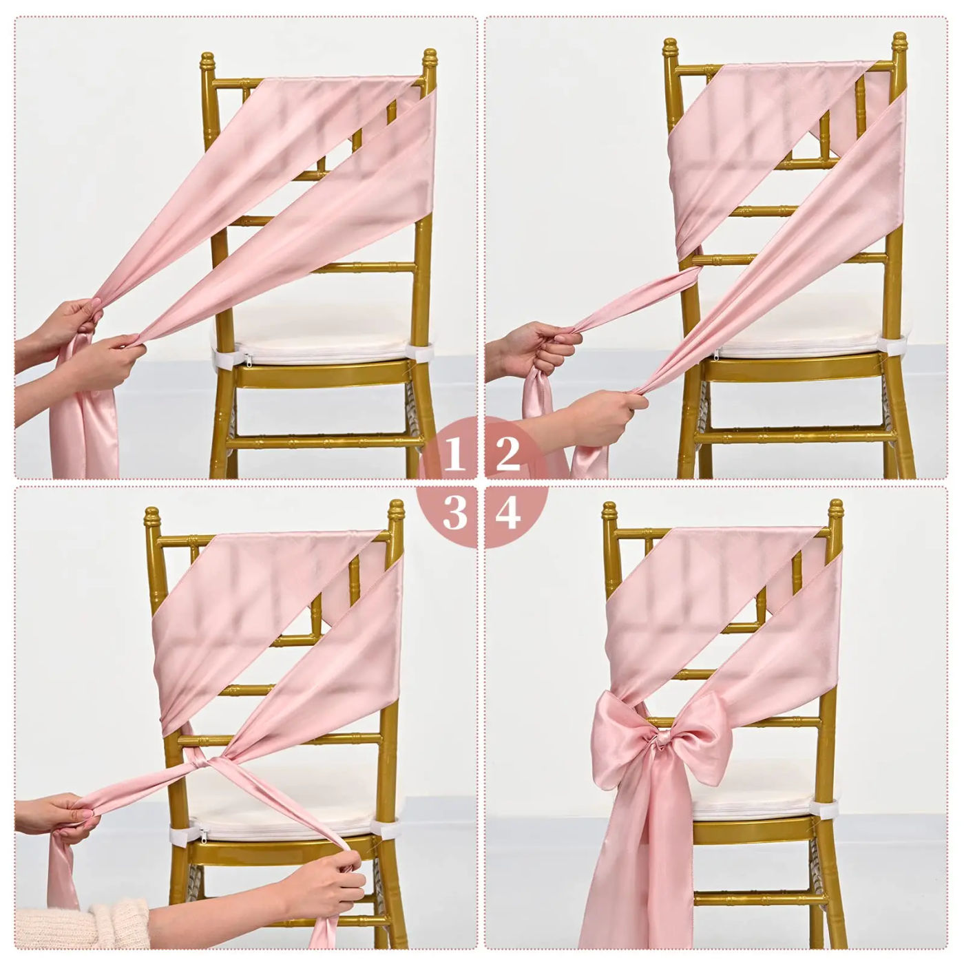 Description Picture 4 of item10/50PCS 17x275cm Satin Chair Sashes Rose Gold Bows Chair Cover Ribbons for Wedding Banquet Party Baby Shower Event Decorations