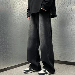 Button Zipper Wide-leg Pants for Men Retro Hip Hop Men's Jeans with Gradient Contrast Color Wide Leg Stylish Pockets for A