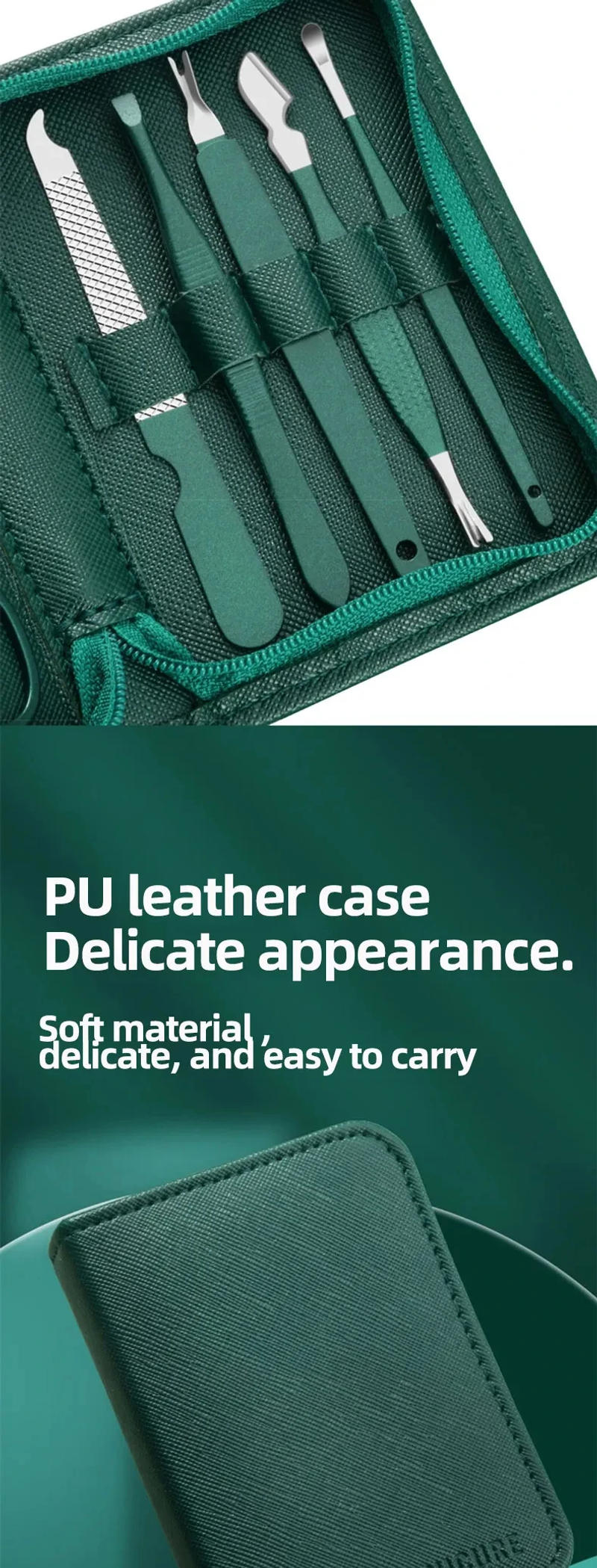 Description Picture 5 of itemGreen 9 Pcs Manicure Set With Leather Case Professional Foot And Face Care Tool Kits Stainless Steel Nail Clipper Sets Gift