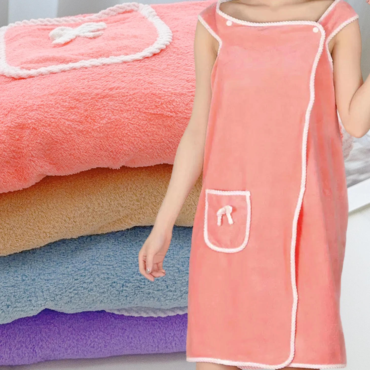 Description Picture 4 of itemWomen's Wearable Bath Towel With Pocket Soft Absorbent Drying Towels Dress Multi-color Bathrobes Wash Clothing Shower Bath Towel