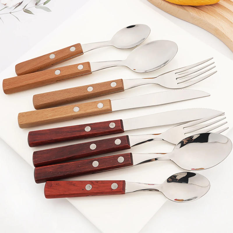 Description Picture 4 of item6/24Pcs 304 Stainless Stee Cutlery Set Luxury Wooden Handle Dinnerware Flatware Set Kitchen Western Knife Spoon Fork Tableware
