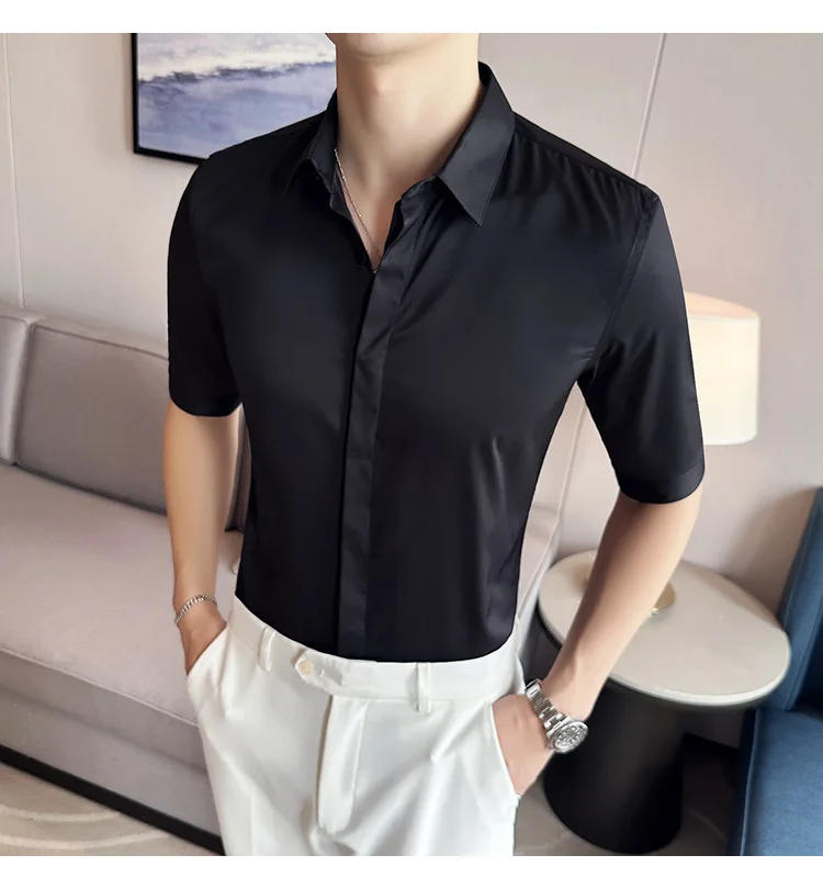Description Picture 3 of itemHigh Quality Solid Shirts for Men Clothing Korean Slim Fit Men Casual Shirts Half Sleeve Streetwear/Night Club/Prom Tuxedo 4XL