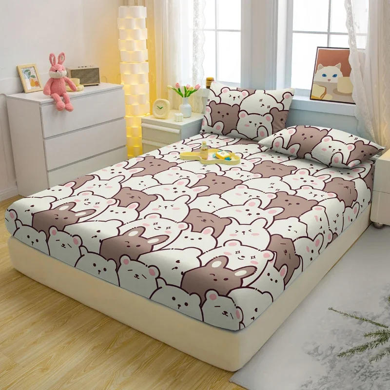 Description Picture 6 of item3-piece cartoon fun bear pattern matte three piece fitted sheet set, bedroom printed bed cover set, bedding
