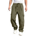 Men Cargo Pants Multi Pockets Drawstring Elastic Waist Casual Pants Solid Color Wide Leg Straight Full Length Men Long Trousers