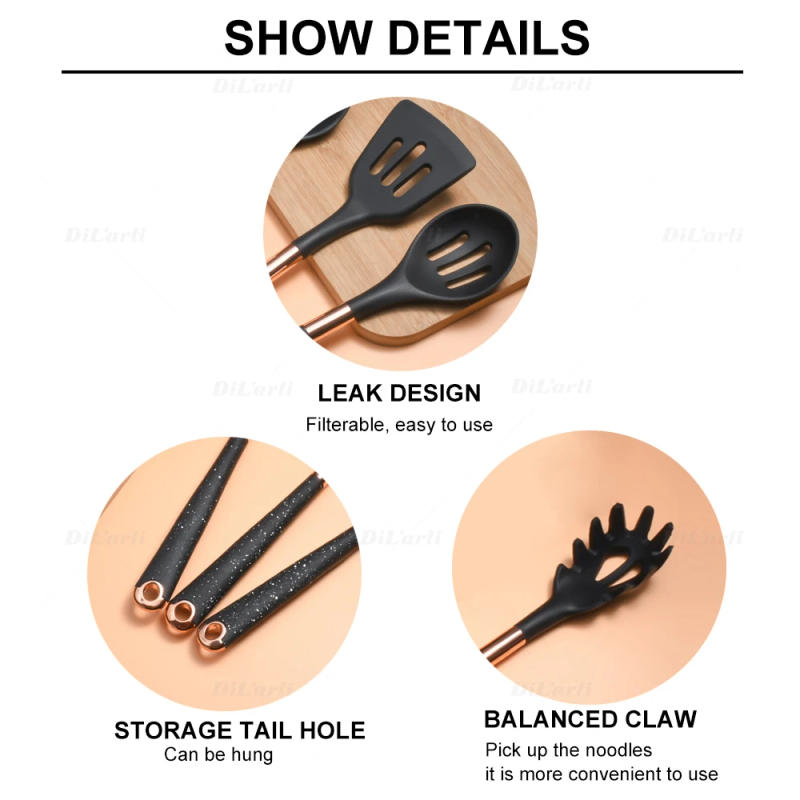 Description Picture 6 of item1-Pack New Silicone Kitchenware Cooking Utensils Kitchen Accessories Rose Gold Plated Spatula Turner Soup Spoon Pasta Colander