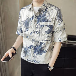 Business Casual Herren Sommer Patchwork quadratischen Kragen Knopf Druck Brief schlank bequeme vielseitige Kurzarm hemden