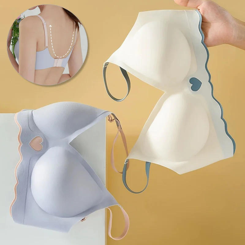 Description Picture 6 of itemWomen Seamless Bras Adjustable Straps Brassire Underwire Soft Sleeping Bras Deep V Neck Ice Silk Underwear Push Up Bralette