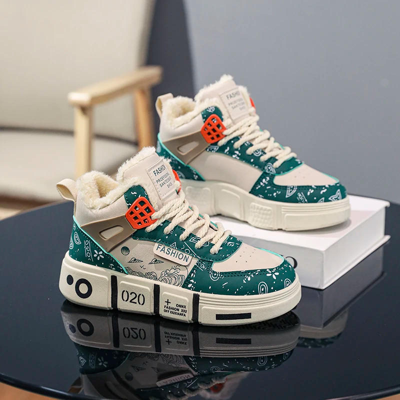 Description Picture 5 of itemKids Sneakers Winter Warm Plush Walking Shoes High-top Comfortable Fashion Casual Flat Tennis Shoes Childrens Boots for Boy