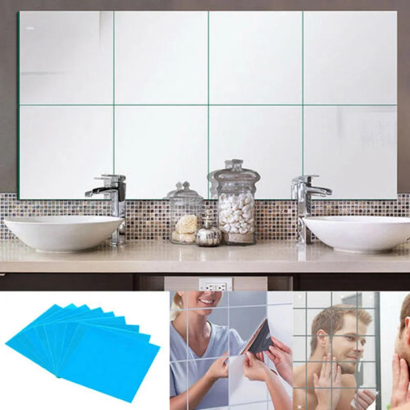 Description Picture 3 of item16pcs 15cm Mirror Tile Wall Sticker Square Adhesive Room Decor Stick On Art Wall Makeup Mirrored Stickers DIY 3D Wall Decal