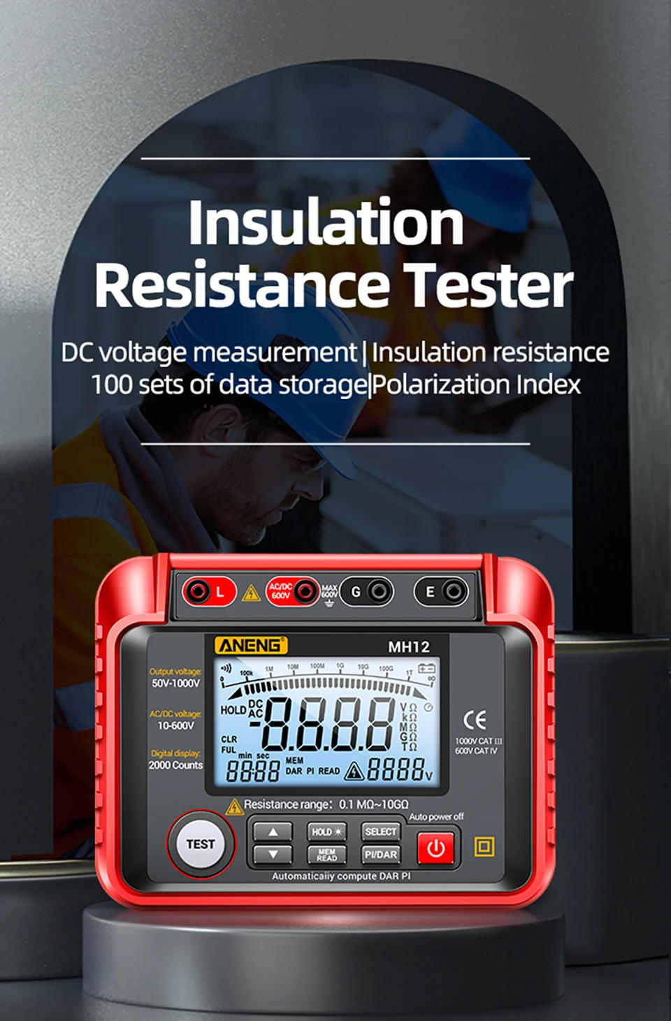 Description Picture 2 of itemANENG MH12 Digital Megohmmeter Meters Insulation Earth Resistance Meter Tester Cable High Voltage Voltmeter Resistor Meter Tool