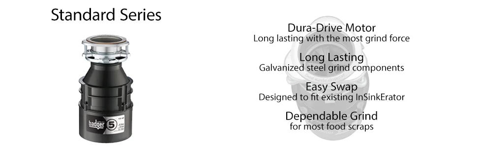 Description Picture 3 of itemInSinkErator Badger 5 Garbage Disposal, Standard Series 1/2 HP Continuous Feed Food Waste Disposer, Black, Set of 1