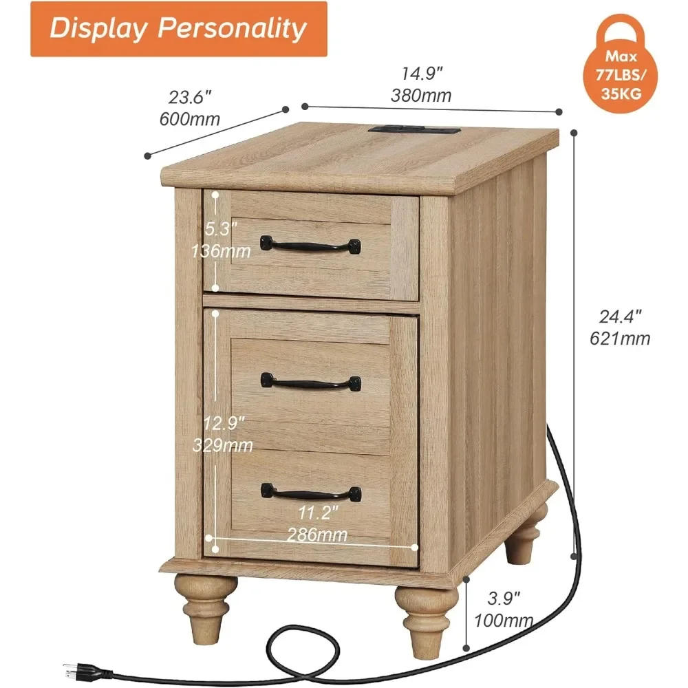 Description Picture 3 of itemEnd Table with Charging Station, Wood Side Table with Drawer and Storage Cabinet, Modern End Table with Power outlets USB