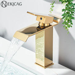 Quality Gold Basin Faucet Brass Waterfall Faucet Bathroom Sink Faucets Hot and Cold Mixer Tap Single Handle Crane