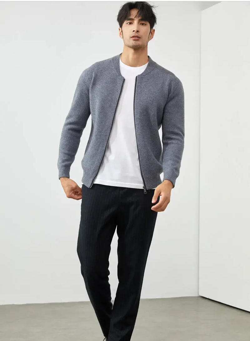 Description Picture 6 of item100% Goat Cashmere Cardigan Men's Standing Neck Zippered Cardigan Autumn and Winter Knitted Top Fashion Korean Baseball Jacket
