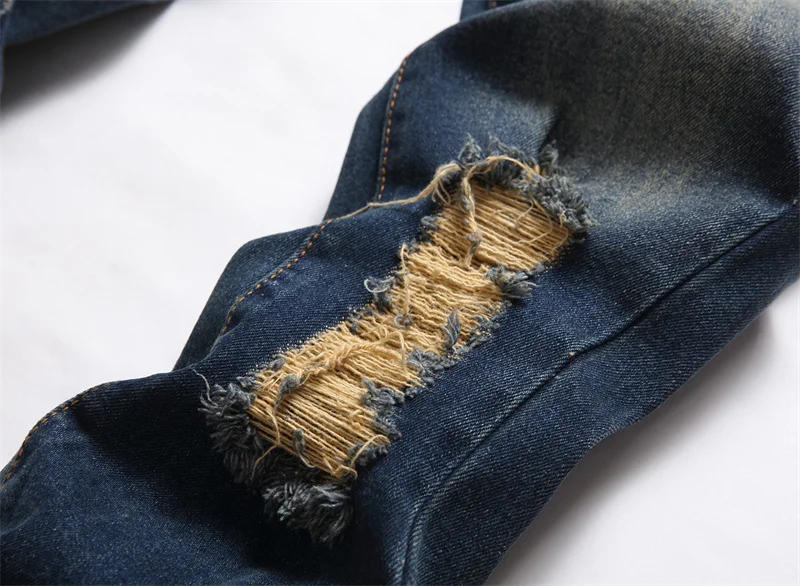 Description Picture 4 of itemNostalgic Ripped Jeans Men's Unique Embroidery Design Fashion Street Fashion Elastic Slim Fit Skinny Motorcycle Retro Trousers