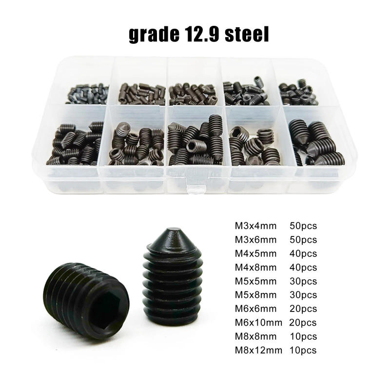 Description Picture 5 of item300pcs/box Mix M3 to M8 10 sizes Kit Hex Socket Tapered End Grub Bolt Cone Point Set Screw 304 Stainless Black Grade 12.9 Steel