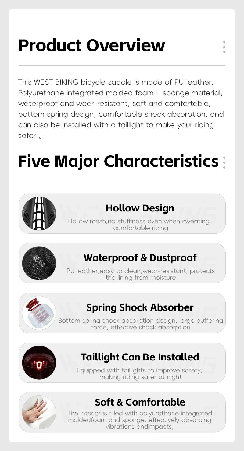 Description Picture 3 of itemBicycle Seats Pu Leather Mountain Road Bike Saddle with Rear Light Comfortable Shock-Absorbing Saddle Bicycle Parts