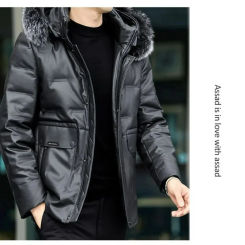 New 2024 Artificial Leather Coat Men High-End Fake Fox Fur Collar Solid Color Pure Hooded Casual down Jacket