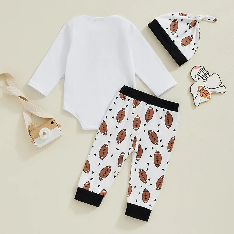 Description Picture 3 of itemBaby Boys Pants Set Long Sleeve Crew Neck Letters Print Romper with Rugby Print Sweatpants and Hat Fall Outfit