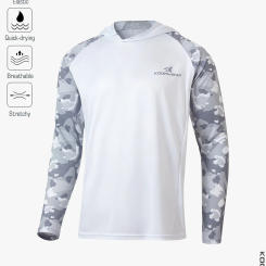KOOFIN GEAR Hooded Fishing Shirts for Men Long Sleeve Sun Protection Gray and White Camo Quick Dry Breathable Shirts