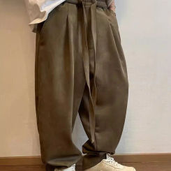 Spring Fashion Men Faux Suede Leather Loose Fit Harem Pants Strap Lace Up Vintage Casual Hip Hop Baggy Pants Long Cross Trousers