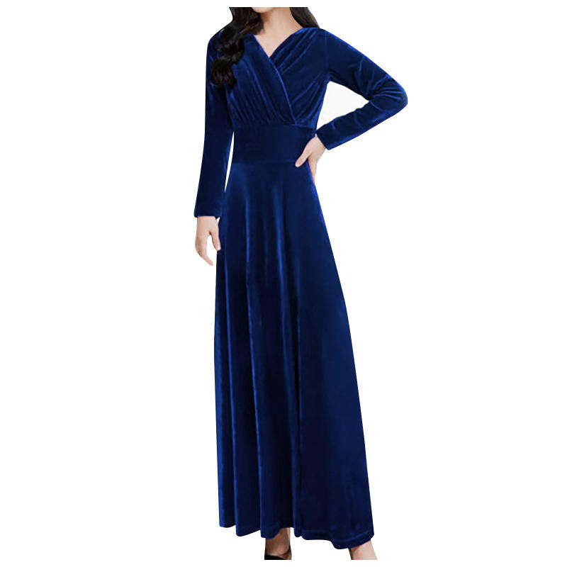 Description Picture 4 of item2024 Autumn Winter Velvet Evening Dress Elegant V-Neck Maxi Dress Long Sleeve Red Dress Robes Longues