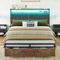 LED bed frame with drawers, full platform bed frame with 2 tiers of storage and leather upholstery, and charging stand headboard