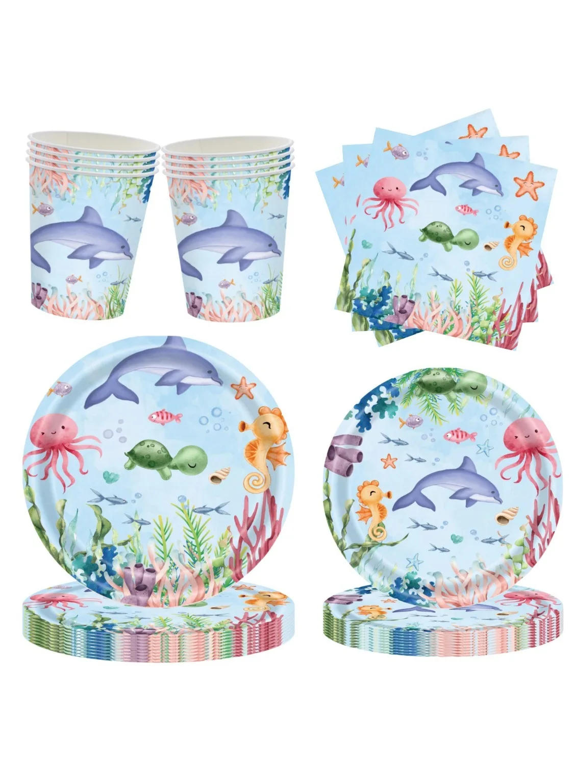 Description Picture 3 of item8pcs Sea Animals Disposable Tableware Sea Shark Plates Paper Cup Under The Sea Mermaid Theme Happy Summer Shark Birthday Party