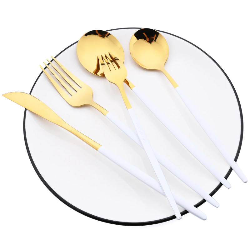 Description Picture 6 of item6Pcs White Gold Dinnerware Set Knife Fork Long Handle Spoons Chopsticks Flatware Cutlery Stainless Steel Tableware Silverware