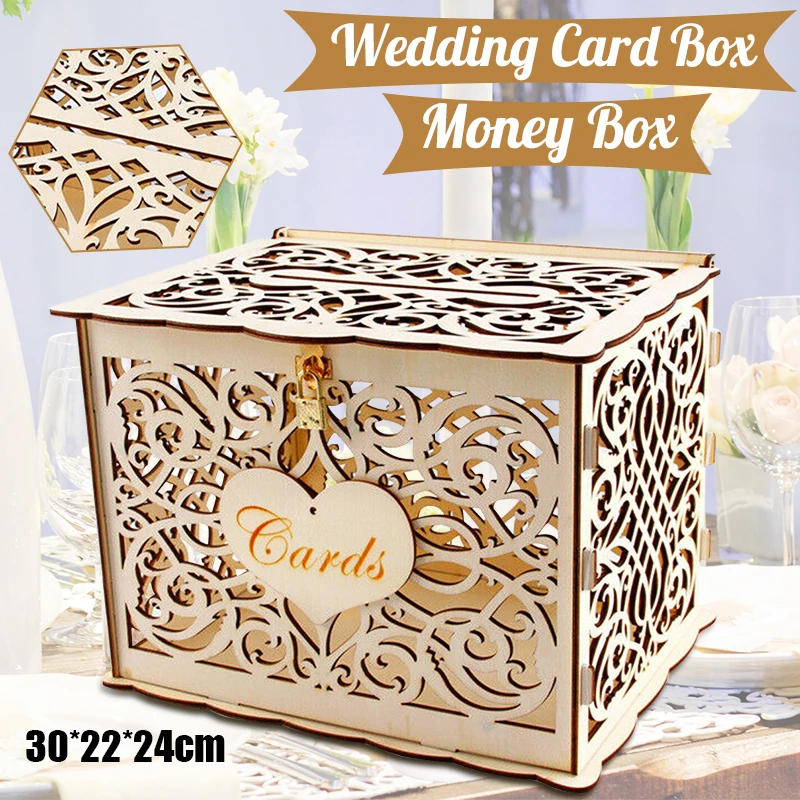 Description Picture 5 of item30X24X21cm DIY Wedding Gift Card Box Wooden Money Box with Lock Beautiful Wedding Decoration Birthday Party Supplies
