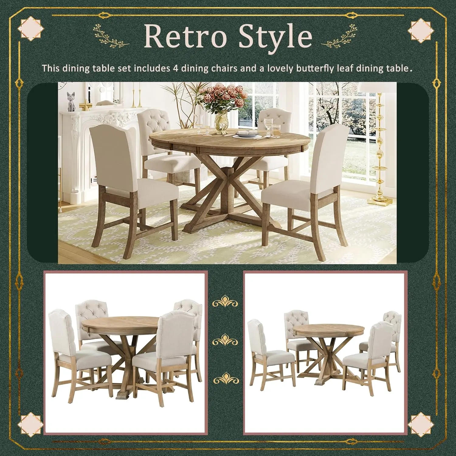 Description Picture 6 of itemRetro Style 5-Piece Round Dining Table Set for 4, Extendable Table with 4 Upholstered Chairs for Dining Room,Living Room