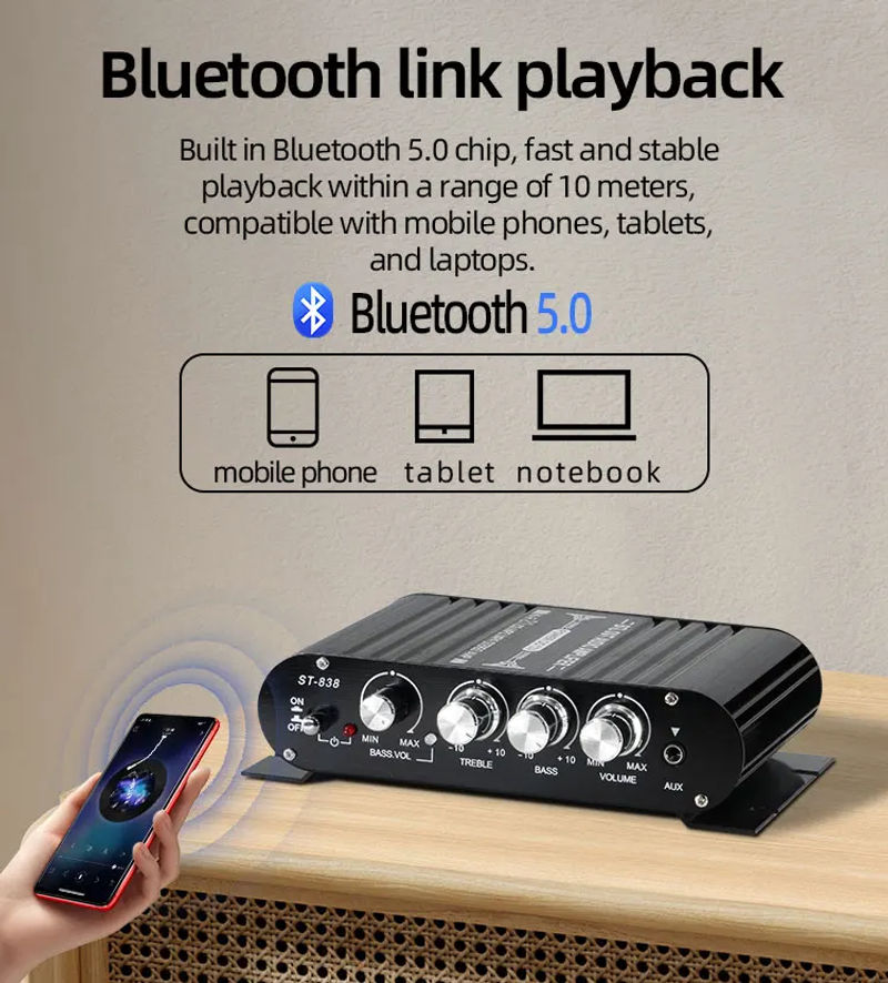 Description Picture 3 of itemSound Amplifier 2.1CH Bluetooth 5.0,ST-838 Digital Bass Amplifier,Mini AMP Driver Lossless Music Amp for Home Car Meeting