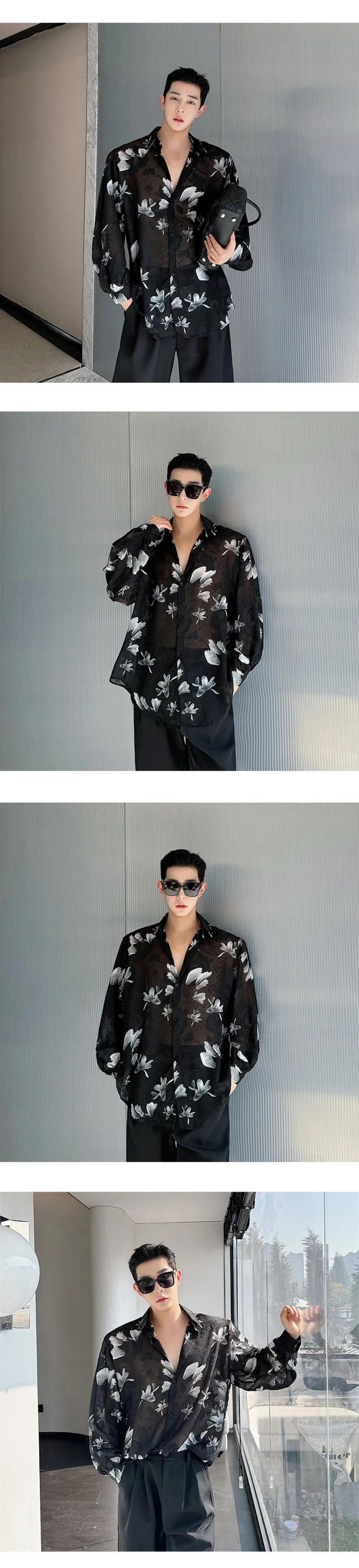 Description Picture 2 of itemMen See Through Lightweight Loose Casual Vintage Print Long Sleeve Party Dress Shirts Beach Blouses Man Performance Costumes