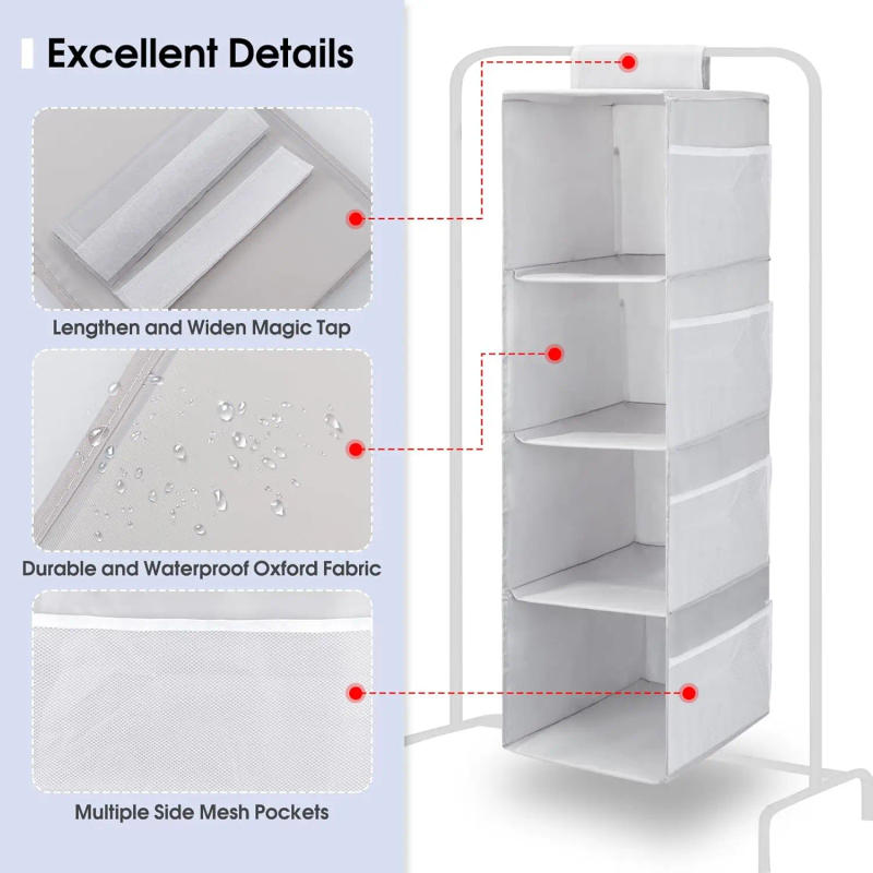 Description Picture 6 of itemSimple Houseware Hanging Closet Organizers Storage Gray Foldable 4 Shelves Closet Hanging Storage Shelves with Mesh Pockets