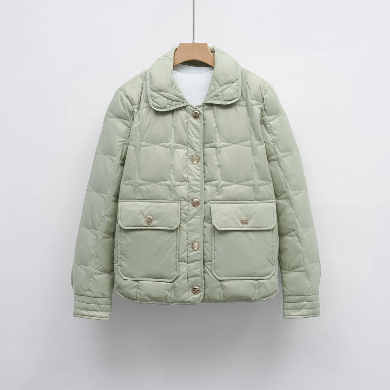 Description Picture 5 of itemWomen Short White Duck Down Jacket Stand Collar Female Loose Casual Soft Warm Coat Covered Button Big Size Good Quanlity