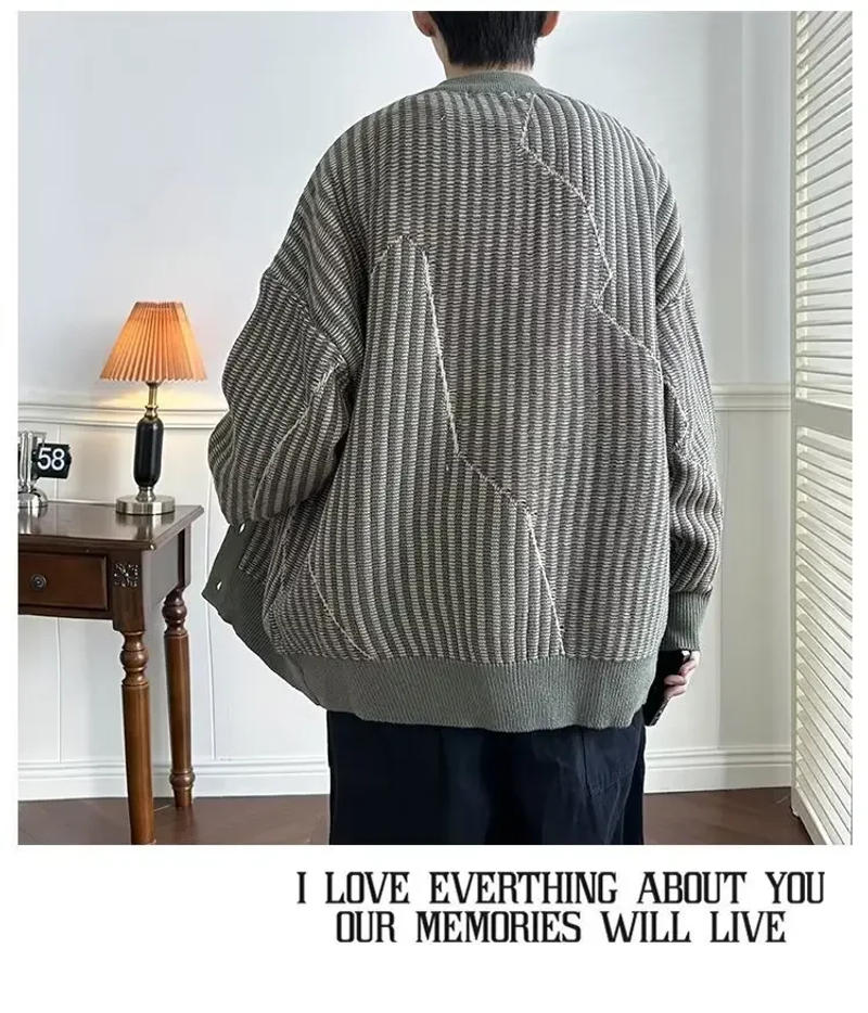 Description Picture 6 of item2023 Autumn Winter Striped Knitted Cardigan V-neck Loose-fit Men's Sweater Casual Scene Japanese Vintage Style Jacket