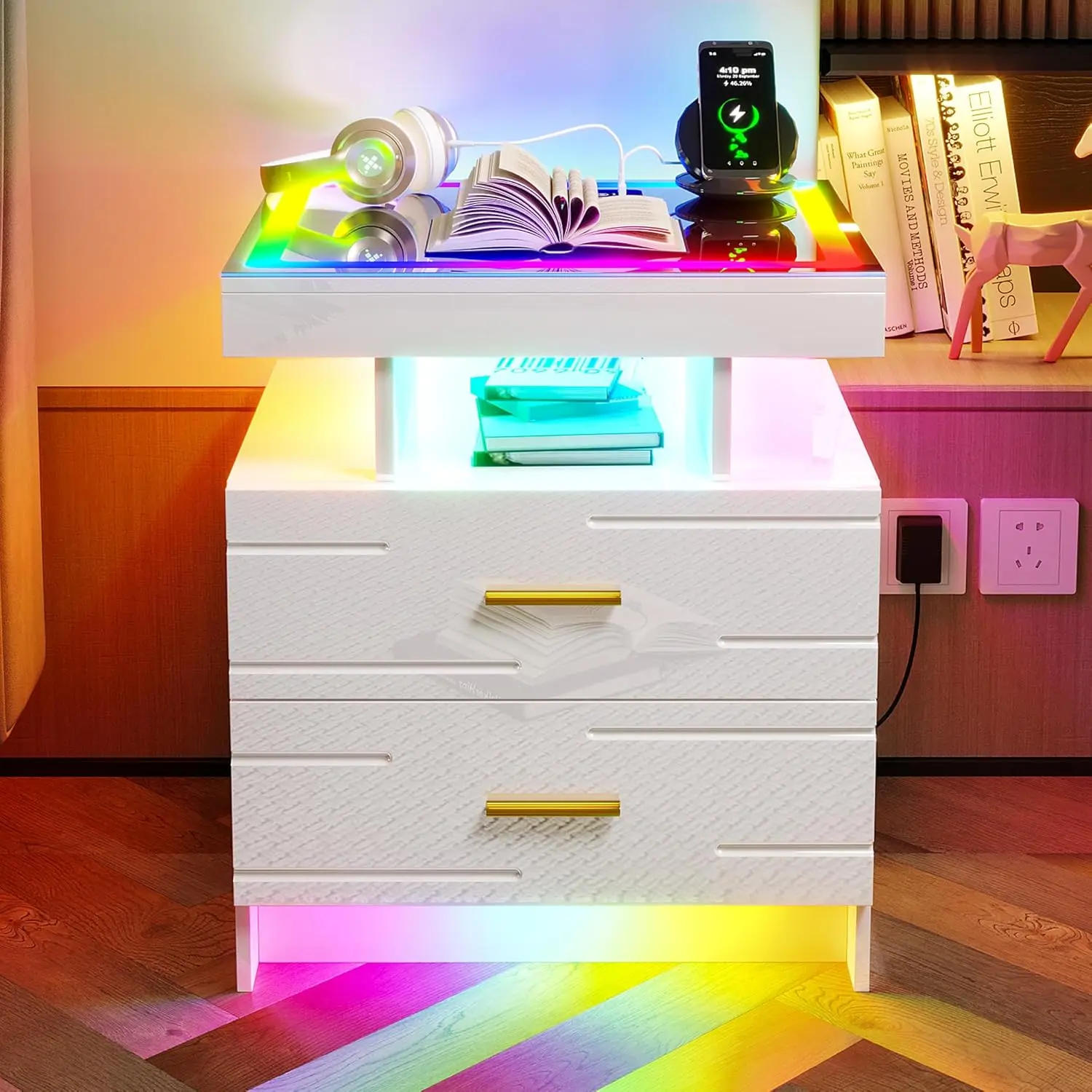 Description Picture 3 of itemSet of 2 Nightstand with Wireless Charging Station LED Lights Night Stand with 2 Drawers Glossy Smart Bedside Table