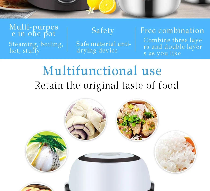 Description Picture 3 of itemMini Electric Rice Cooker Stainless Steel 2/3 Layers Steamer Portable Meal Thermal Heating Lunch Box Food Container Warmer