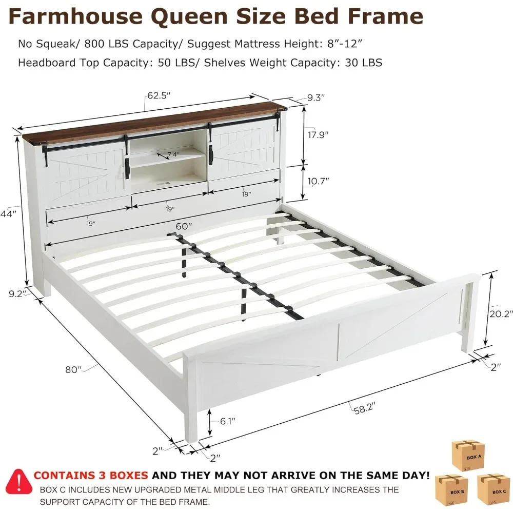 Description Picture 3 of itemFarmhouse Queen Size Bed Frame w/Storage Bookcase Headboard, Sliding Barn Door, Charging Station, Rustic Wood Platform Bed