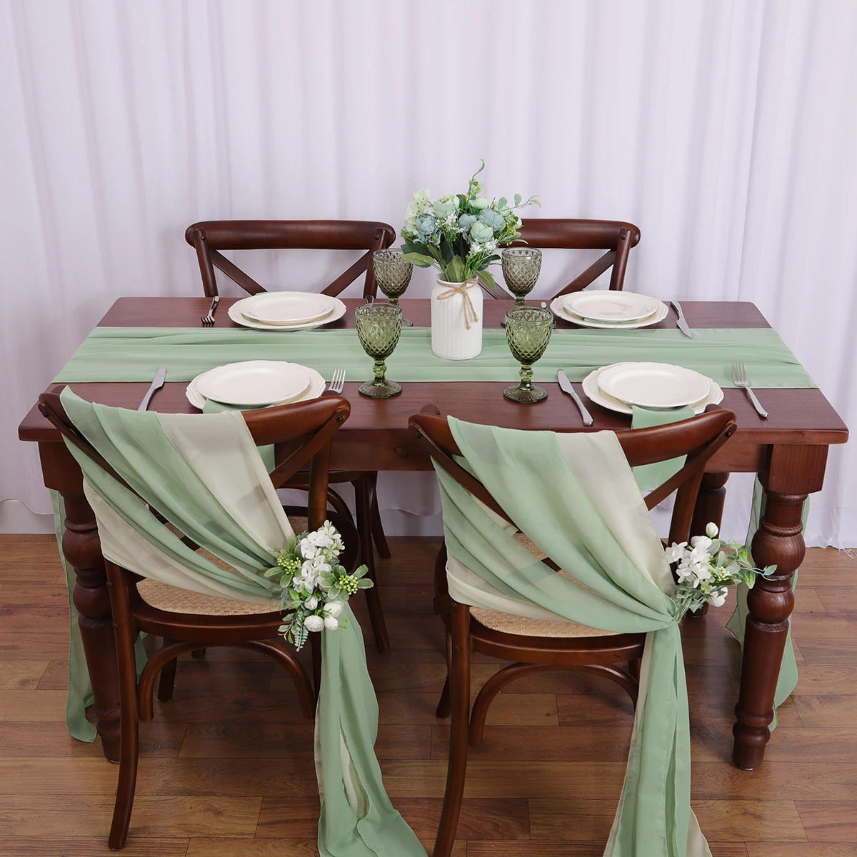 Description Picture 4 of item24 Pcs 17x275cm Chiffon Chair Sashes 12 Set Sage green Chair Sash Wedding Chair Covers Ribbon Wedding Party Aisle Chair Decor