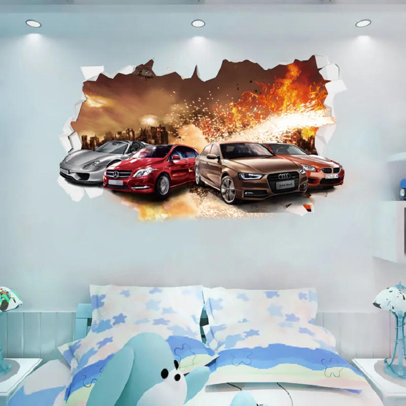 Description Picture 6 of item3D Supercar Vehicle Wall Stickers Wild Racing Broken Wall Poster Wall Art Car Decal Kids Room Decoration murals Boys Favors