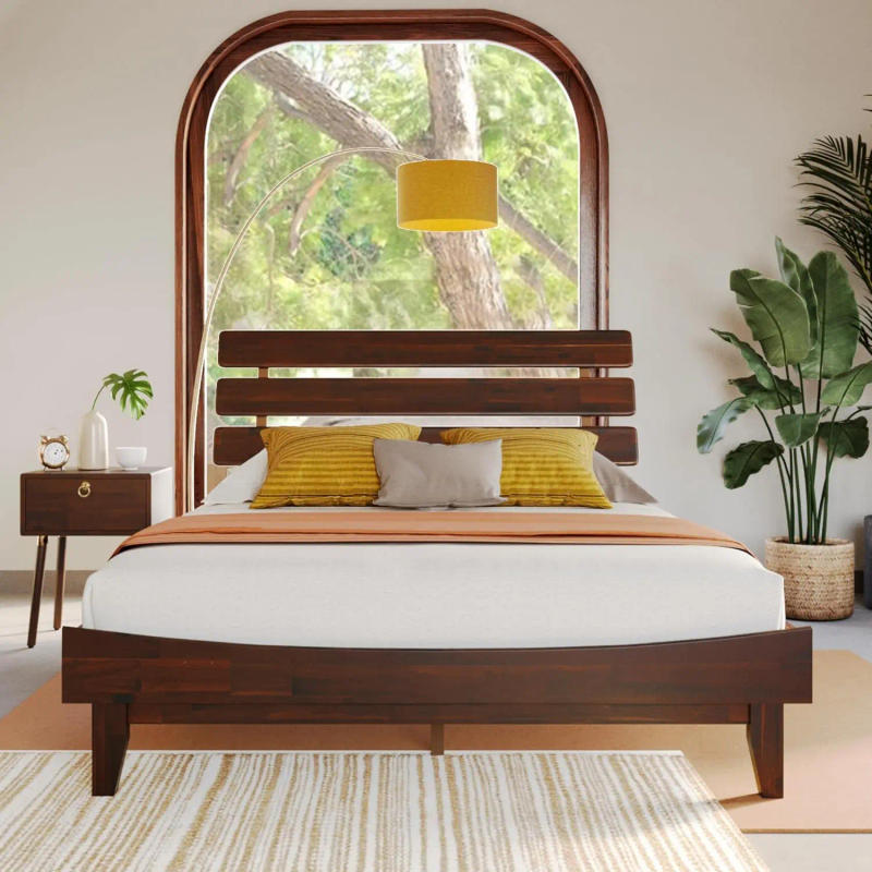 Description Picture 2 of item15'' Bed Frame with Adjustable Headboard - Mid Century Retro Style with Acacia Wood - No Box Spring Needed Walnut Queen