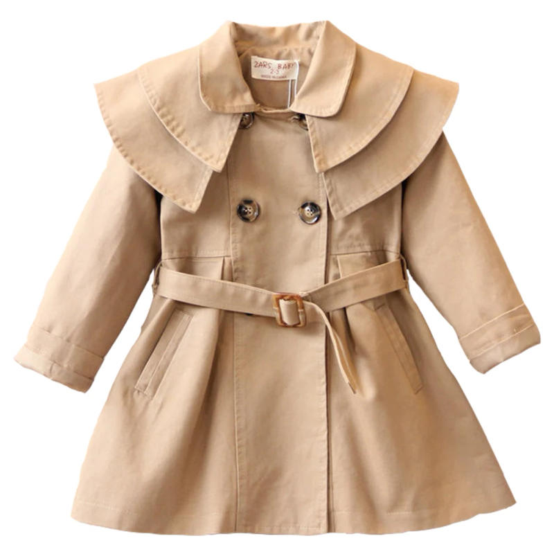 Description Picture 3 of itemDouble Breasted Baby Girls Trench Coat Ruffle Trim Belted Winter Long Sleeve Casual Windbreaker Jacket Toddlers Trench Coat