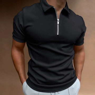 Men Summer Pure Color Simple Style Short Sleeve Zipper Polo Shirt , Men Lapel Tops .