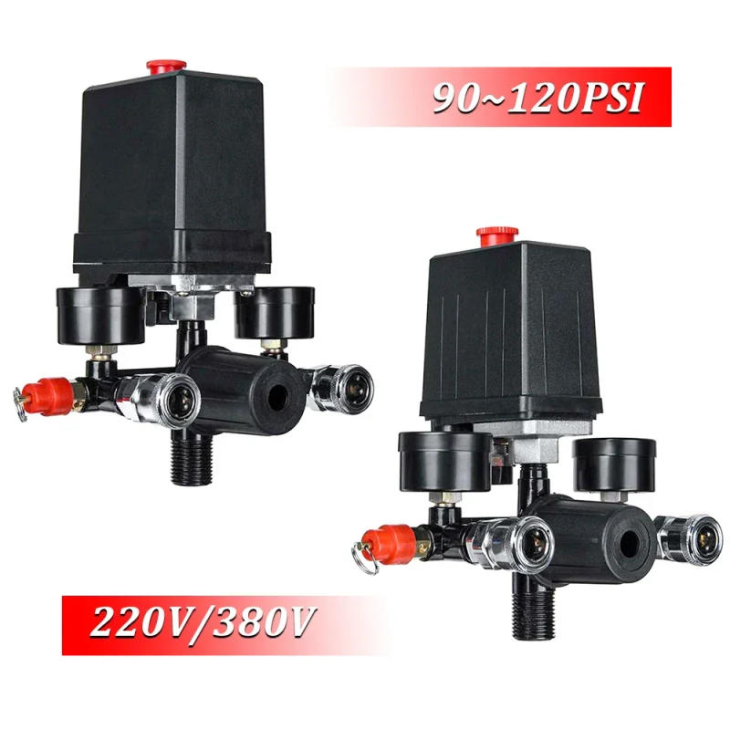 Description Picture 2 of item4 Port Air Compressor 220v/380v All Black Bracket With Switch Manifold Pressure Regulator Aluminum Alloy Safety Pressure Valve