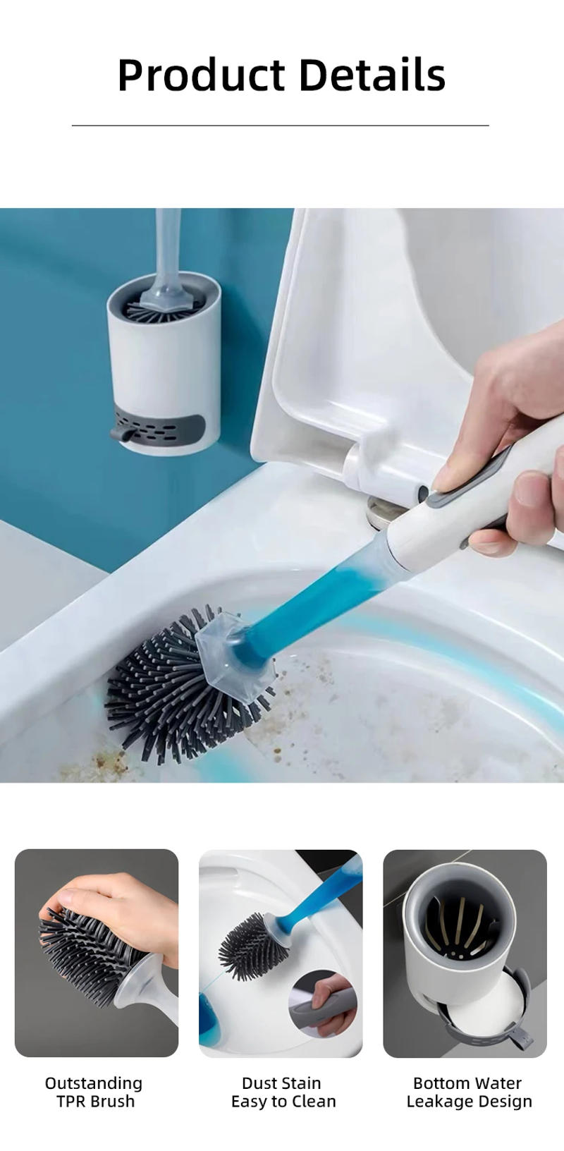 Description Picture 4 of itemWater Spray Silicone Toilet Brush Long Handle Refillable Silicone TPR Brush With Wall-Mounted Bathroom Cleaning Accessories