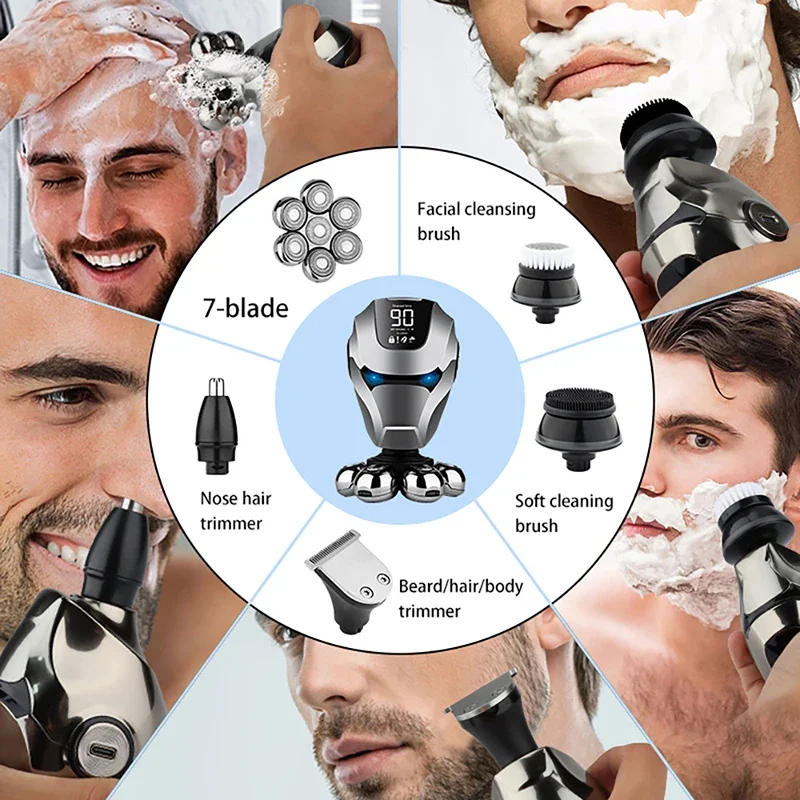 Description Picture 6 of item5-IN-1 Men Rechargeable Bald Head Electric Shaver 7D Floating Blade Head Beard Nose Ear Hair Trimmer Razor Clipper Facial Brush