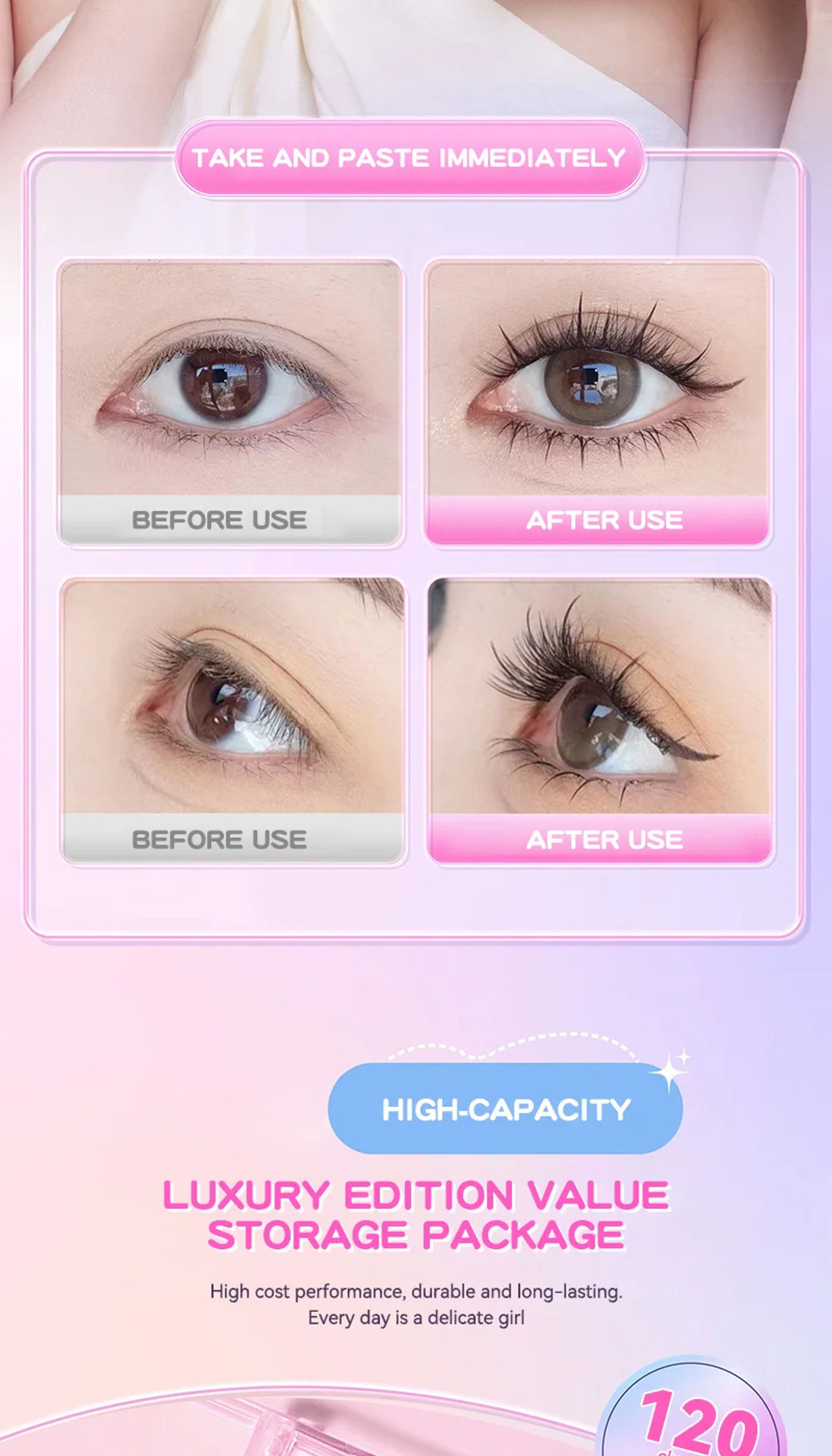Description Picture 4 of itemLarge Capacity No-Glue, No-Removal Self-Adhesive Wide Stem Fish Tail False Lashes — Natural Segmental Design,